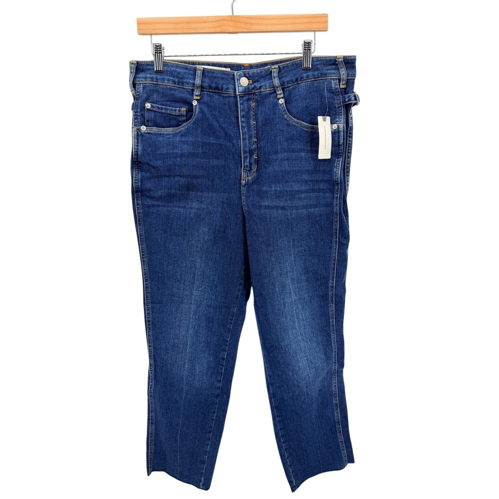 Pilcro Anthropologie Raw Hem Jeans 31 Side Buckle Tapered Crop Dark Wash NWT‎